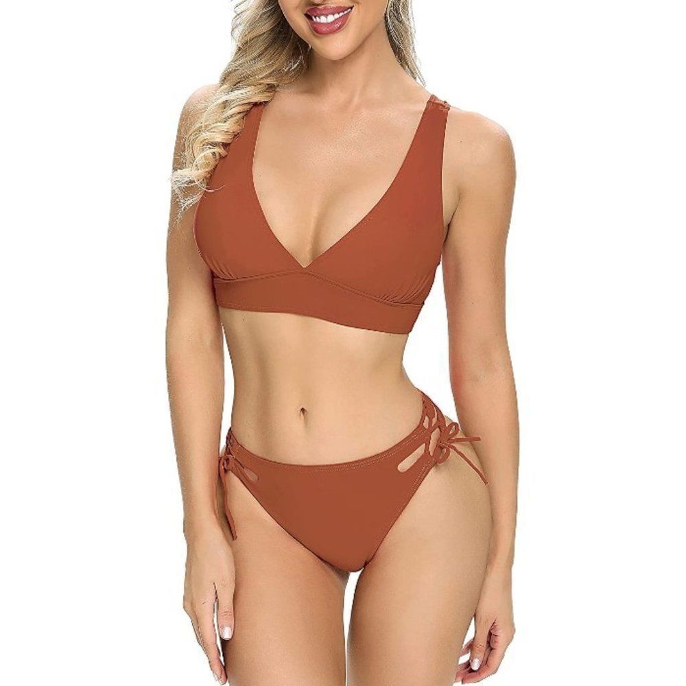 VNE Lace Top Sexy Two Piece Swimsuit-Brown
